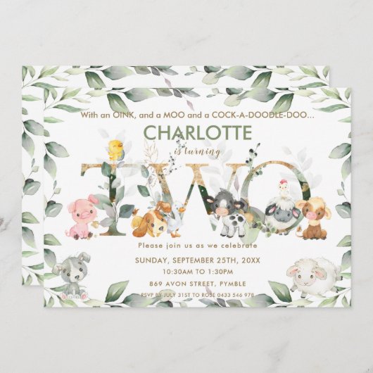 Kute farm Animals Barnyard Greenery 2e verjaardag Kaart (Voorkant / Achterkant)