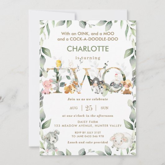 Kute farm Animals Barnyard Greenery 2e verjaardag Kaart (Voorkant)