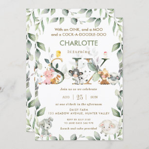 Kute Farm Animals Barnyard Greenery 6th Birthday  Kaart