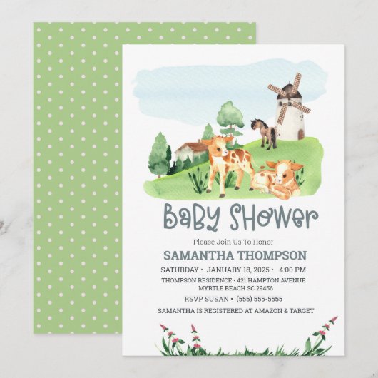 Kute farm Animals Green Boys Baby shower Kaart (Voorkant / Achterkant)