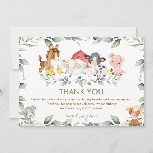 Kute Farm Animals Greenery Baby shower Birthday Bedankkaart (Voorkant)