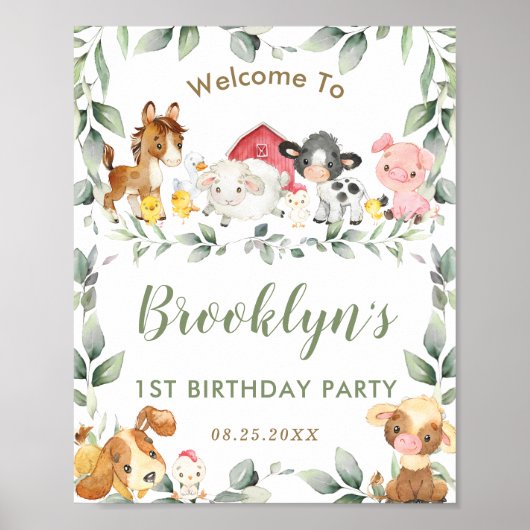 Kute Farm Animals Greenery Birthday Welcome Poster (Voorkant)