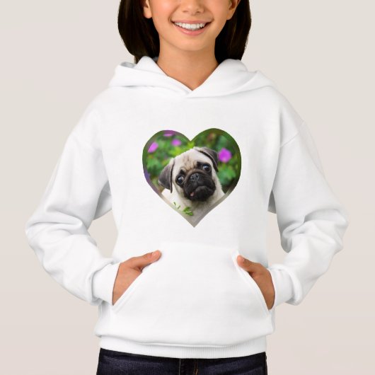 Kute Fawn Colored Pug Puppy Dog Face Foto Heart. (Voorkant)