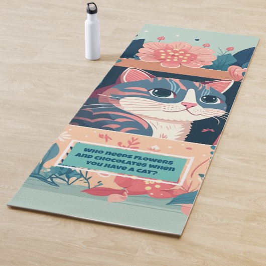 Kute Feminine Blue Cat en Roze Flowers Yogamat (In situ)
