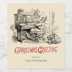Kute Festive Victoriaans Kerstman met Piano Wijn Etiket