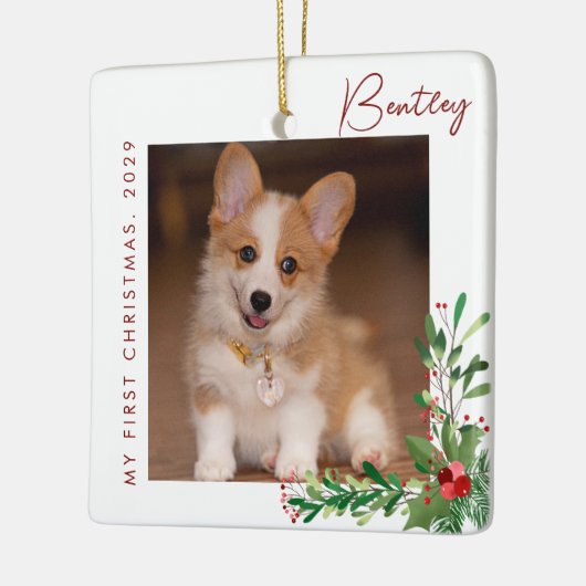 Kute first-kersthond-foto keramisch Ornament (Links)