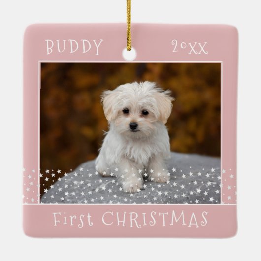 Kute first-Kerstmis foto foto's Pet Roze Keramisch Ornament (Achterkant)