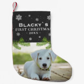 Kute first-kerstpuppy Photo Pine Snowflake Kleine Kerstsok (Voorkant)