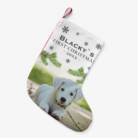 Kute first-kerstpuppy Photo Pine Snowflake Kleine Kerstsok (Voorkant (Hangend))