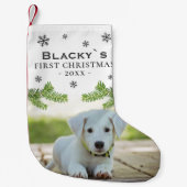 Kute first-kerstpuppy Photo Pine Snowflake Kleine Kerstsok (Voorkant)