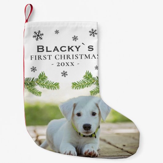 Kute first-kerstpuppy Photo Pine Snowflake Kleine Kerstsok (Voorkant)