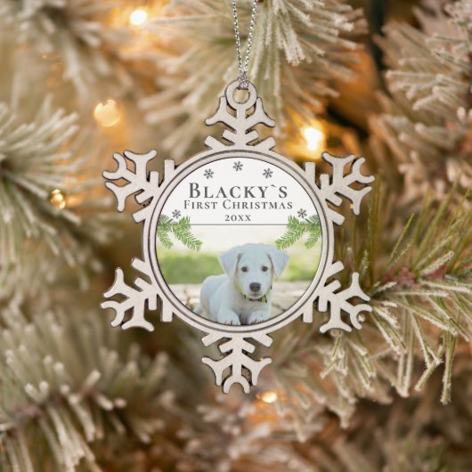 Kute first Puppy Dog Pet met kerstfoto Tin Sneeuwvlok Ornament (Boom)