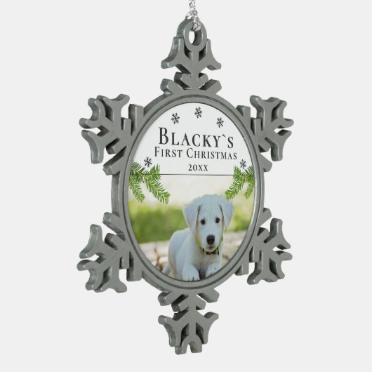 Kute first Puppy Dog Pet met kerstfoto Tin Sneeuwvlok Ornament (Links)