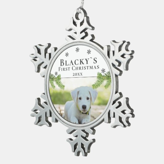 Kute first Puppy Dog Pet met kerstfoto Tin Sneeuwvlok Ornament (Rechts)