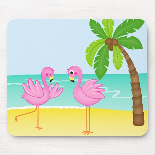 Kute Flamingos Beach Scene met Palm Tree Muismat (Voorkant)