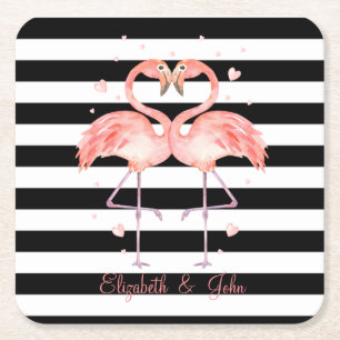 Kute flamingos in Love, Black White Stripes Kartonnen Onderzetters