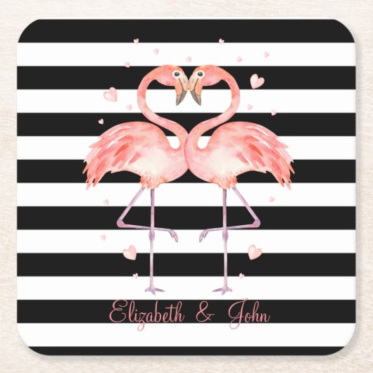 Kute flamingos in Love, Black White Stripes Kartonnen Onderzetters (Voorkant)