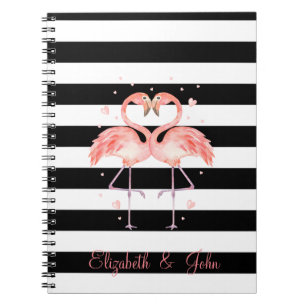 Kute Flamingos in Love, Black White Stripes Notitieboek