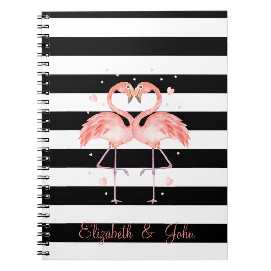 Kute Flamingos in Love, Black White Stripes Notitieboek (Voorkant)