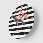 Kute flamingos in Love, Black White Stripes   Ronde Klok (Hoek)