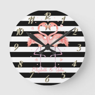 Kute flamingos in Love, Black White Stripes   Ronde Klok