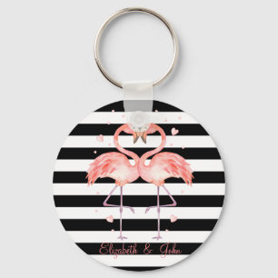 Kute flamingos in Love, Black White Stripes Sleutelhanger