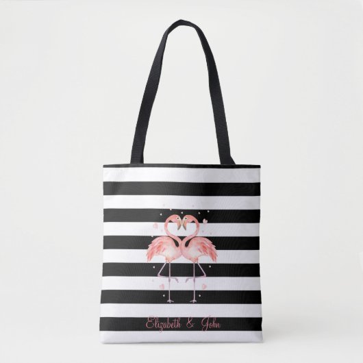 Kute Flamingos in Love, Black White Stripes Tote Bag (Voorkant)