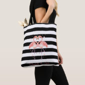Kute Flamingos in Love, Black White Stripes Tote Bag (Dichtbij)