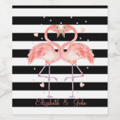 Kute Flamingos in Love, Black White Stripes Wijn Etiket (Enkel label)