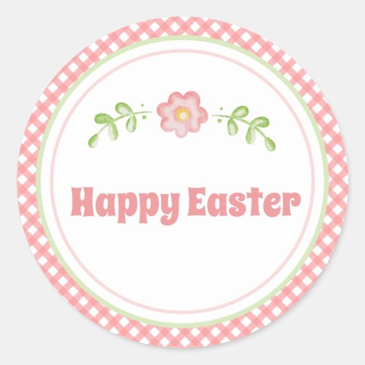 Kute Flower and Coral Pink Gingham Easter Ronde Sticker (Voorkant)