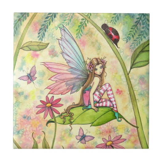Kute Flower Fairy en Ladybug Fantasy Art Tegeltje (Voorkant)