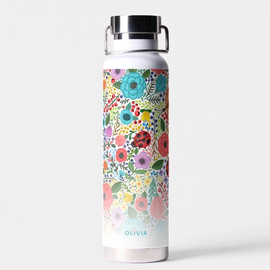Kute Flowers Butterflies, Custom Name Monogram Waterfles (Achterkant)