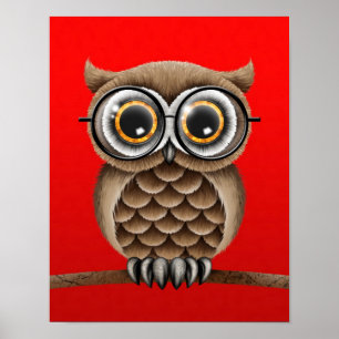 Kute fluffy bruine kuit met leesbril, rood poster