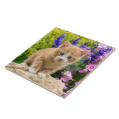 Kute Fluffy Ginger Cat Kitten Flowers Pet Photo — Tegeltje (Zijkant)