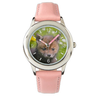 Kute fluffy Red Fox Cub Wilde Baby Foto bord Horloge