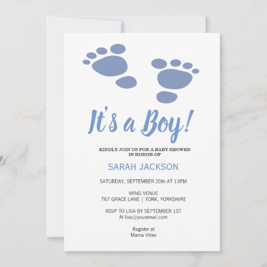 Kute Footprint Modern Blue Het is een Jongen Baby  Kaart (Voorkant)