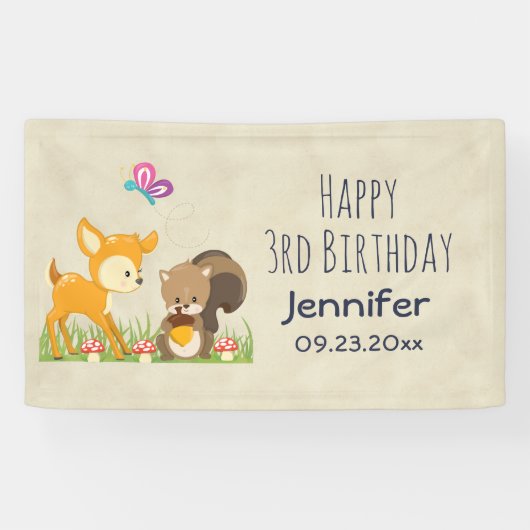 Kute Forest Animals Whimsical Cartoon Birthday Spandoek (Horizontaal)