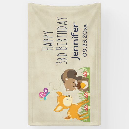 Kute Forest Animals Whimsical Cartoon Birthday Spandoek (Verticaal)