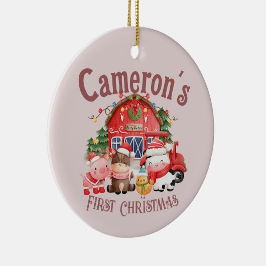 Kute foto met kerstdieren op roze keramisch ornament (Rechts)