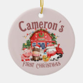 Kute foto met kerstdieren op roze keramisch ornament (Voorkant)