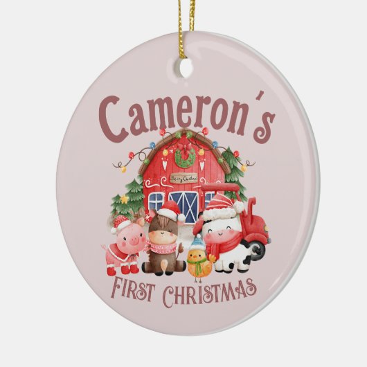 Kute foto met kerstdieren op roze keramisch ornament (Links)