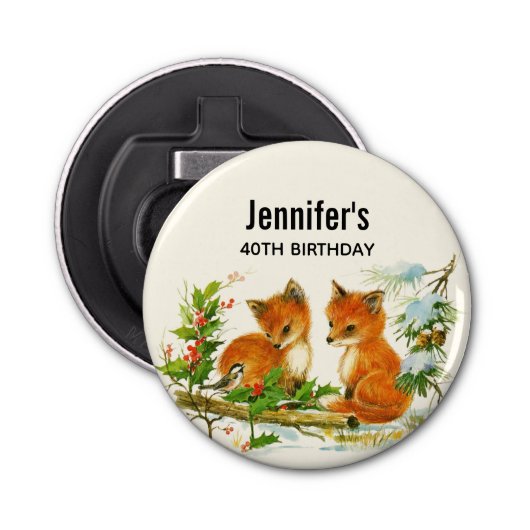 Kute  Foxes Retro Winter Birthday Button Flesopener (Voorkant)