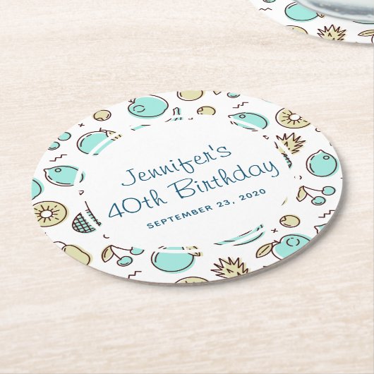 Kute Fruit Pattern Summery Line Drawing Birthday Ronde Kartonnen Onderzetter (Gebogen)