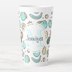 Kute Fruit Pattern Summery Line Tekening Monogram Latte Mok