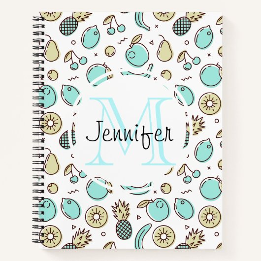 Kute Fruit Pattern Summery Line Tekening Monogram Notitieboek (Voorkant)
