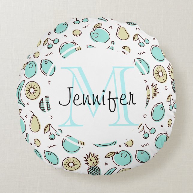 Kute Fruit Pattern Summery Line Tekening Monogram Rond Kussen (Voorkant)