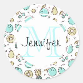 Kute Fruit Pattern Summery Line Tekening Monogram Ronde Sticker