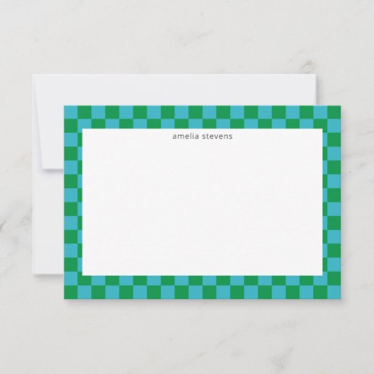 Kute Fun Checkerboard Blue Green Geometric Name Bedankkaart (Voorkant)