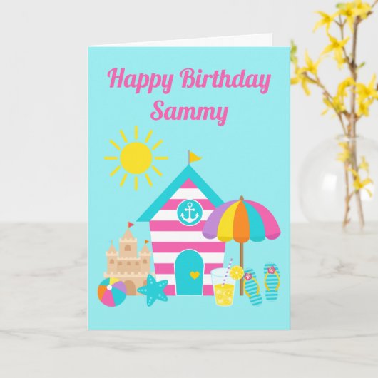 Kute Fun Kinder Beach Summer Birthday Kaart (Gele Bloem)
