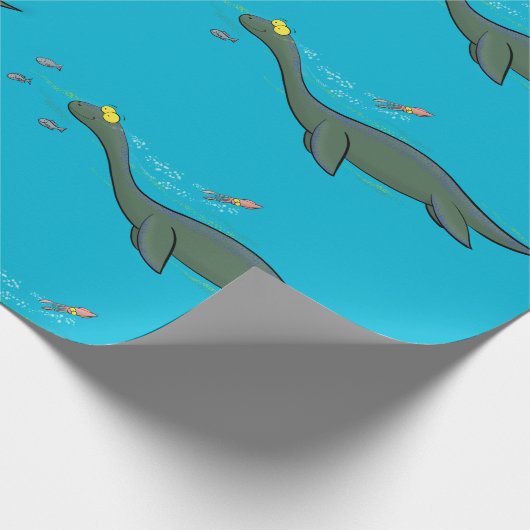 Kute, gelukkig zee monsterplesiosaur cartoon cadeaupapier (Hoek)